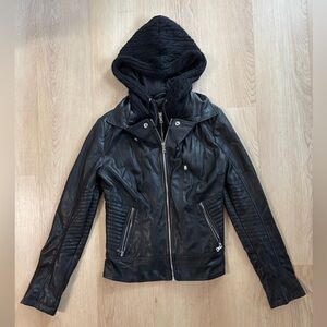 Guess Black Hooded Faux Leather Moto Jacket